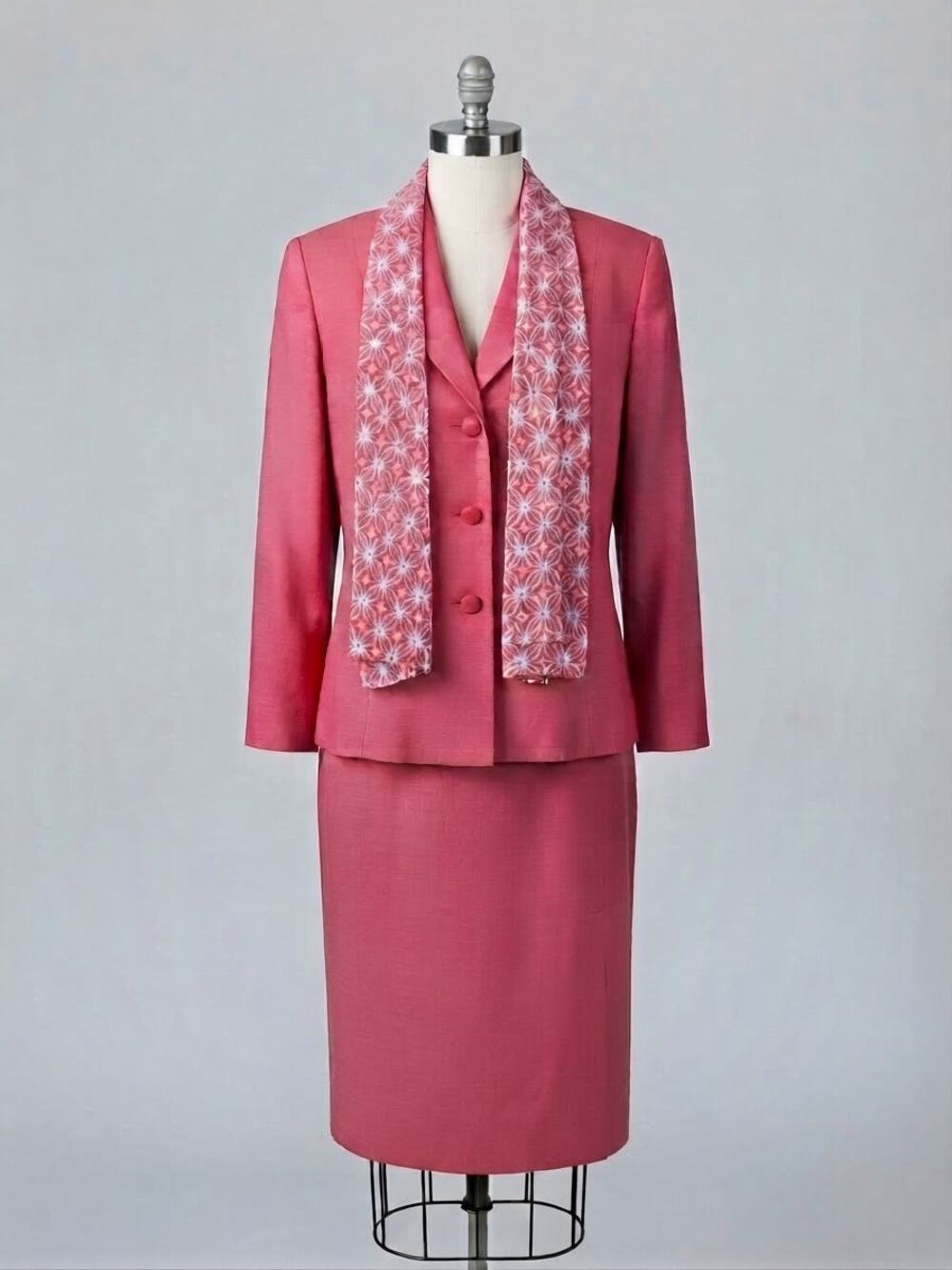 Jones Wear Hot Pink Skirt Suit Set, Blazer & Midi Skirt w/ Matching Scarf - 12